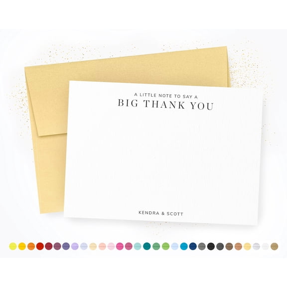 Personalized Thank You Greeting Card, Minimalist Stationery Note for Weddings and Events with Gold Envelope, Custom Names Included, Elegant White Card with Black Typography
