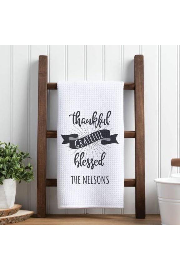 Personalized Thankful Grateful and Blessed Waffle Style Tea Towel