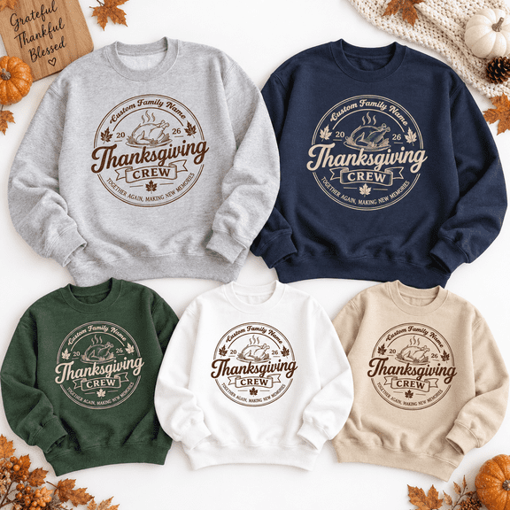 Personalized Thanksgiving Crew Sweatshirt, Custom Family Name Turkey Graphic Crewneck