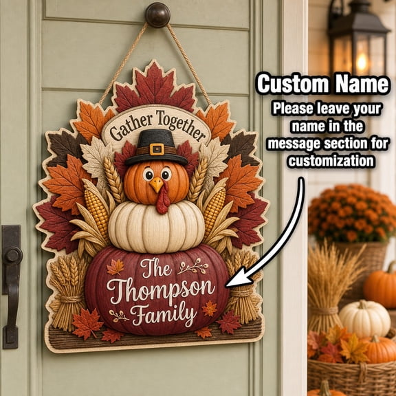 Personalized Thanksgiving Door Sign, Pumpkin Turkey Front Door Hanger for Family Fall Decor