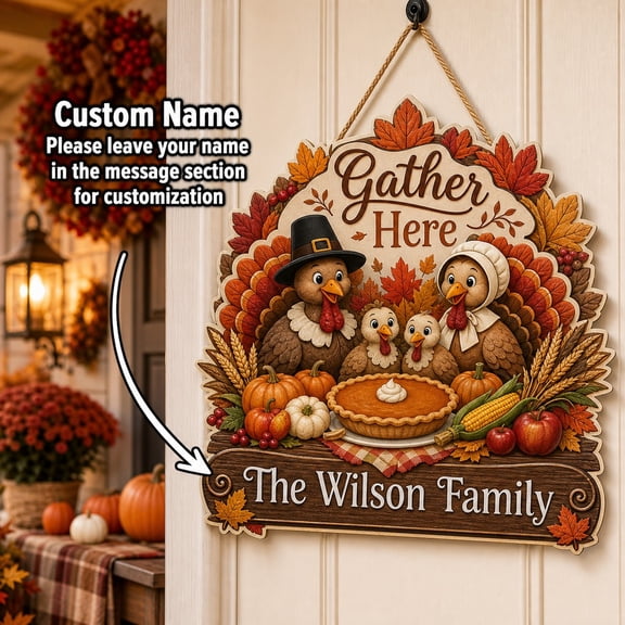 Personalized Thanksgiving Door Sign, Turkey Family Harvest Front Door Hanger for Fall Guests