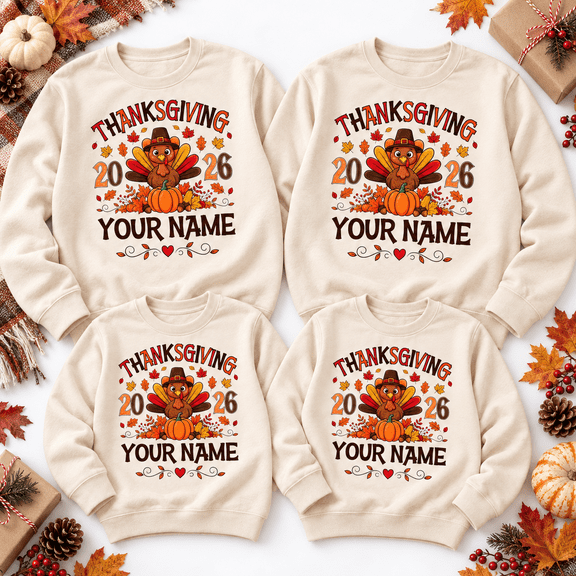 Personalized Thanksgiving Turkey Sweatshirt, Custom Name 2026 Fall Crewneck