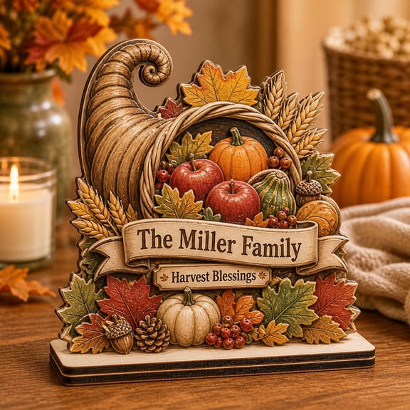 Personalized Thanksgiving Wooden Stand Harvest Cornucopia Wood Tabletop Display for Family