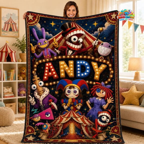 Personalized The Amazing Digital Circus Flannel Blanket, Custom Name Circus Character Collage Throw Blanket, Cartoon Fan Gift