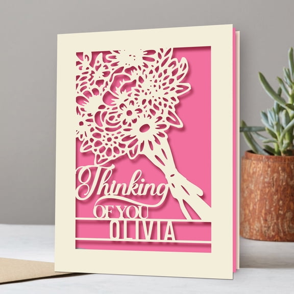 Personalized Thinking Of You Card,Papercut Flower Bouquet Greeting Card, Blank Inside with Envelope,Customized Any Name