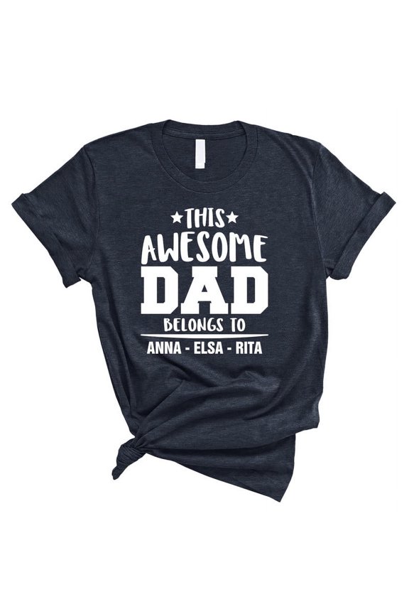 Personalized "This Awesome Dad Belongs To" Adult T-Shirt – Custom Father's Day Gift with Family Names(HEATHER MIDNIGHT NAVY,Small)