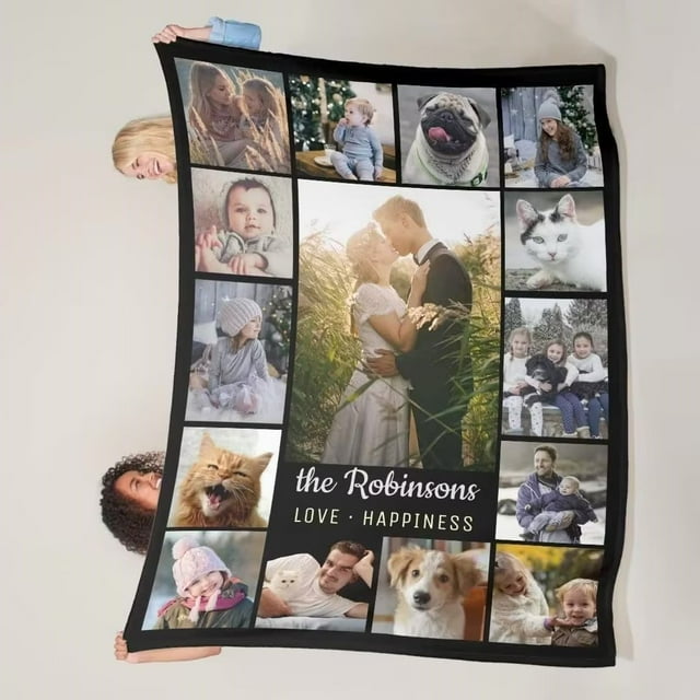 Personalized Throw Blanket with 15 Photo Custom Blankets for Family Mom