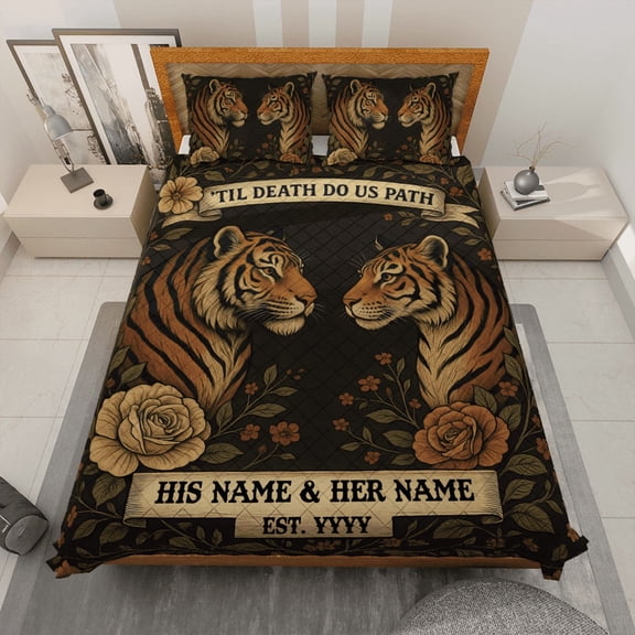 Personalized Tiger Couple Quilt Bedding Set – Custom Name ‘Til Death Do Us Part Quilt Set – Anniversary Quilt Set for Couples