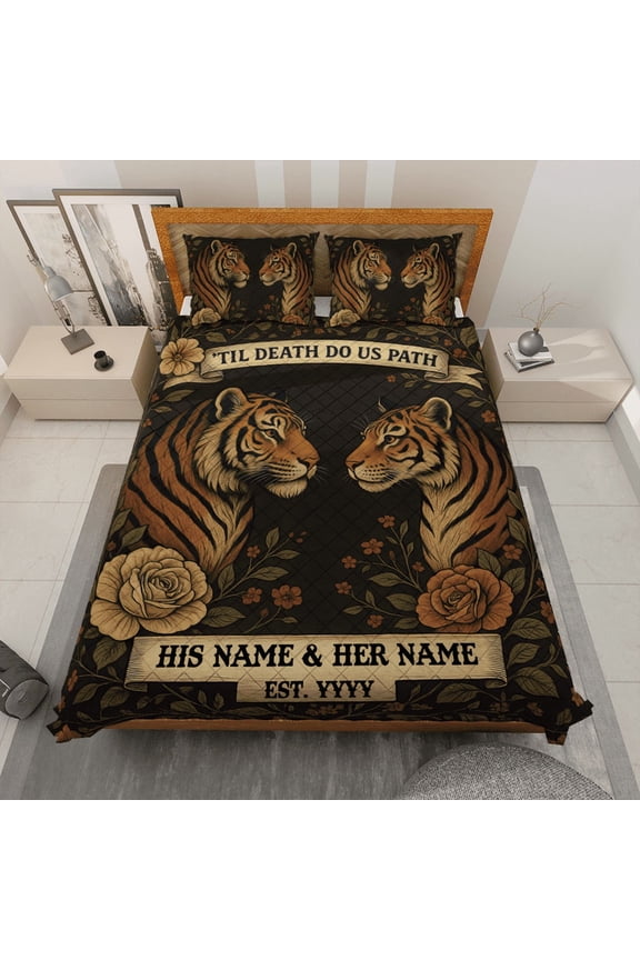 Personalized Tiger Couple Quilt Bedding Set – Custom Name ‘Til Death Do Us Part Quilt Set – Anniversary Quilt Set for Couples