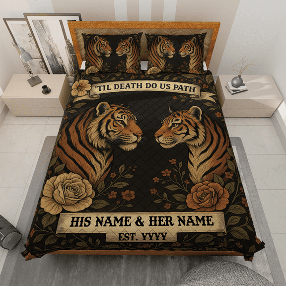 Personalized Tiger Couple Quilt Bedding Set – Custom Name ‘Til Death Do Us Part Quilt Set – Matching Animal Lovers Quilt Blanket & Pillowcases – Anniversary Gift for Couples