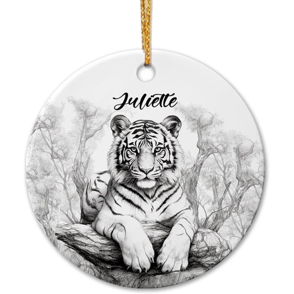 Personalized Tiger Lover Ceramic Ornament Christmas 2025, Cool Tiger Xmas Ornament Gift, Customized Name Tiger Christmas Ornament Gift for Mom Dad Son Daughter, Tiger Pencil Drawing Ceramic Ornament