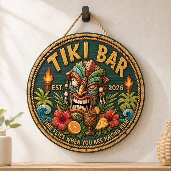 Personalized Tiki Bar Round Wood Sign for Pool & Outdoor Lounge
