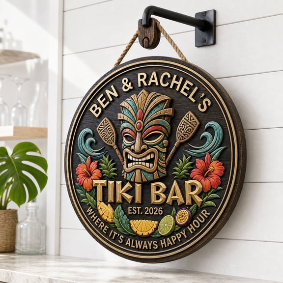 Personalized Tiki Bar Wood Sign - Custom Round Pool & Beach House Decor
