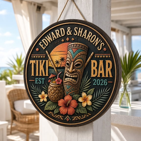 Personalized Tiki Bar Wooden Sign - Custom Tropical Pool Patio Decor