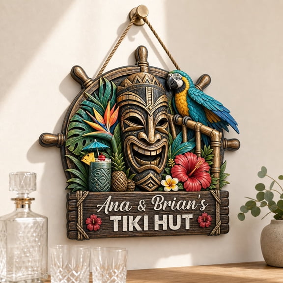 Personalized Tiki Hut Wooden Hanging Sign | Custom Beach Bar Decor