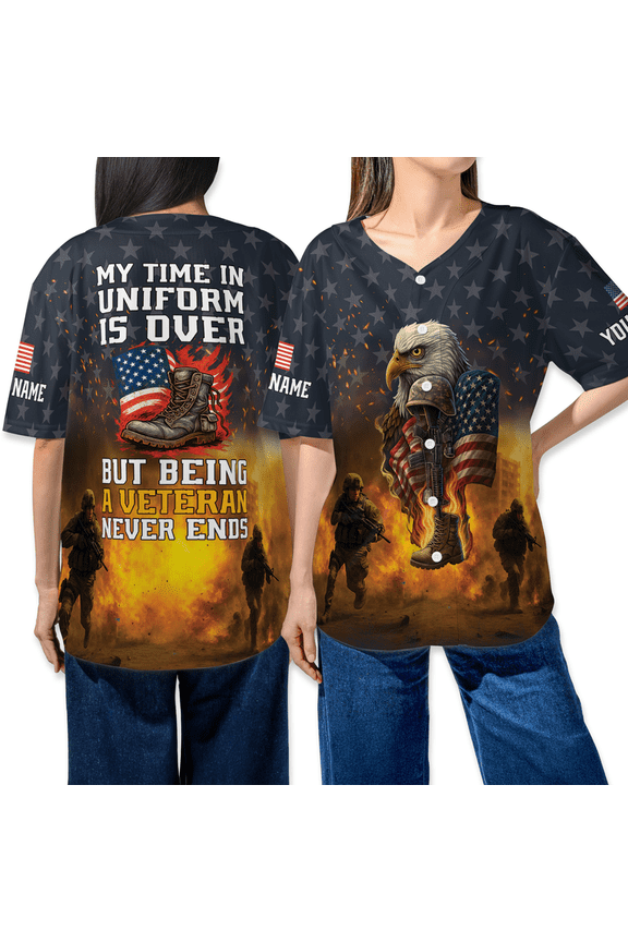 Personalized My Time In Uniform Is Over But Being A Veteran Never Ends Baseball Jersey Shirt – Patriotic Eagle and American Flag Military Shirt – Army Soldier, U.S Veterans Day Gift