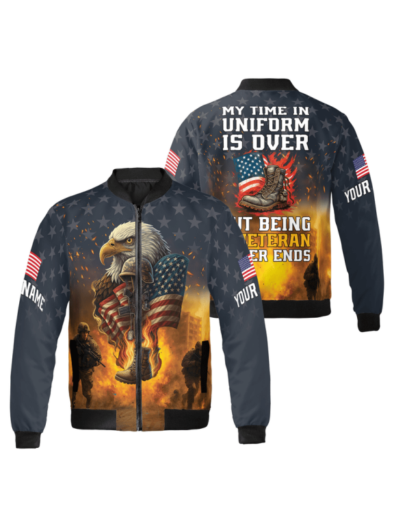 Personalized America Flag Eagle US Veteran Bomber Jacket - Customized US Flag & Military Artwork Veteran's Day Jacket