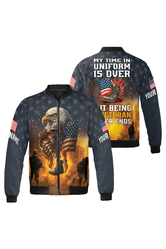 Personalized America Flag Eagle US Veteran Bomber Jacket - Customized US Flag & Military Artwork Veteran's Day Jacket