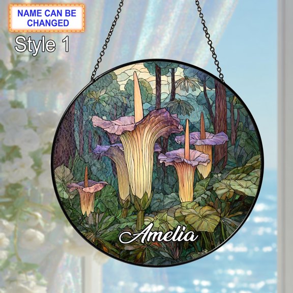 Personalized Titan Arum Forest Stained Glass Suncatcher, Custom Name Exotic Botanical Window Hanging, Plant Lover Gift