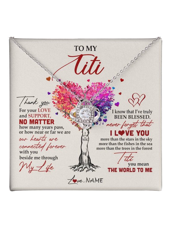 Personalized To My Titi Necklace From Niece Nephew Never Forget That I Love You You Mean The World Titi Birthday Mothers Day Christmas Customized Gift Box Message Card, White Love Knot Necklace