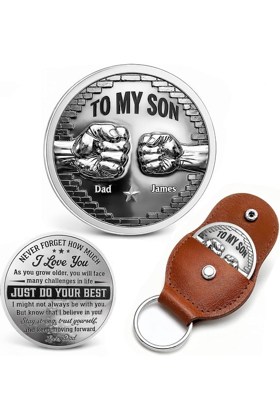 Personalized To My Son Pocket Hug Coin from Dad Custom I Believe In You with Keychain Leather Gift for Birthday Fathers Day
