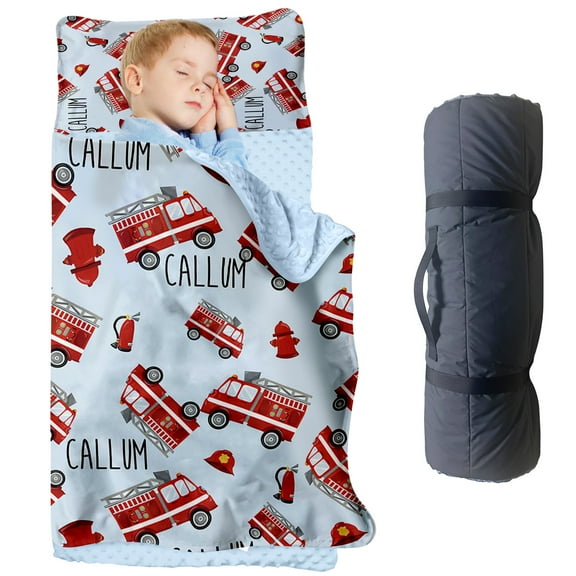 Personalized Toddler Nap Mat - Custom Name Slumber Bag with Fire Truck and Hydrant Design, Soft and Cozy Sleeping Bag for Kids, Perfect for Daycare, Preschool, and Rescue-Themed Naptime Adventures