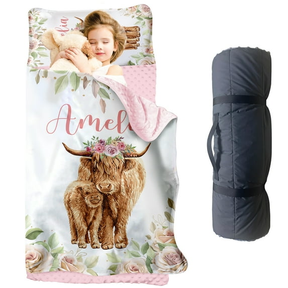 Personalized Toddler Nap Mat with Name, Custom Kids Nap Mat for Girls, Pink Highland Cow Pattern Daycare Sleeping Mats with Blanket and Removable Pillow, Perfect for Preschool, Travel, Kindergarten