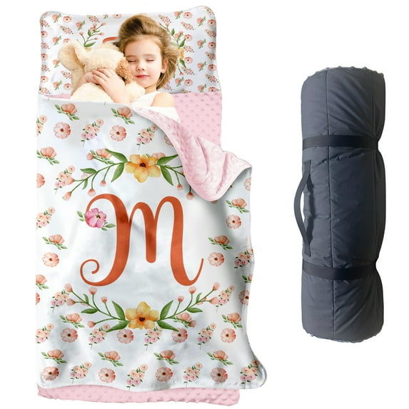 Personalized Toddler Nap Mat with Name–Pink Floral Design, Custom Kids Nap Mat for Girls, Daycare Sleeping Mats with Soft Blanket and Removable Pillow, Perfect for Preschool, Travel, Kindergarten
