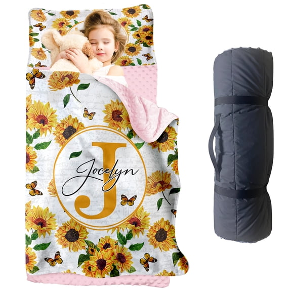 Personalized Toddler Nap Mat with Name–Yellow Sunflower Design, Custom Kids Nap Mat for Girls, Daycare Sleeping Mats with Blanket and Removable Pillow, Perfect for Preschool, Travel, Kindergarten