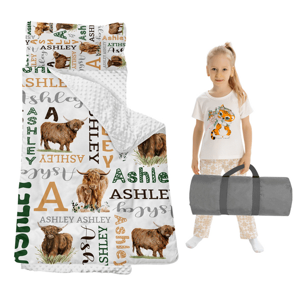 Personalized Toddler Nap Mat for Preschool Girls and Boys, Extral Large Sleep Mat with Blanket for Daycare Kindergarten, Lightweight Kids Sleeping Bag for, Dark Green Highland Cows