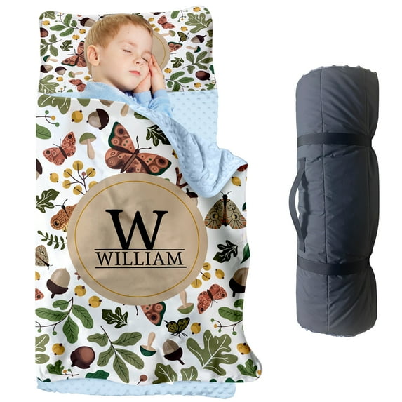 Personalized Toddler Nap Mats for Preschool, Custom Name Butterfly Pinecone Kids Sleeping Bag for Daycare, Roll Up Sleeping Mat with Removable Pillow and Soft Dot Minky Blanke for Boys Camping Travel