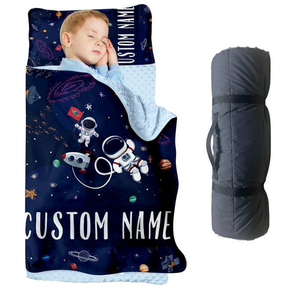 Personalized Toddler Nap Mats for Preschool, Custom Name Navy Space Pattern Kids Sleeping Bag for Daycare, Roll Up Sleeping Mat with Removable Pillow and Soft Dot Minky Blanke for Boys Camping Travel
