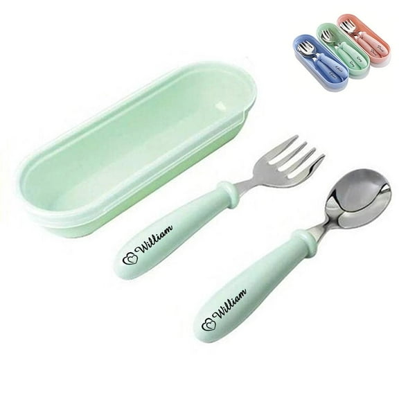 Personalized Toddler Utensils, Stainless Steel Toddler Silverware Set with Round Handle, Custom Names and Patterns Forks and Spoons Set for Kid Self Feeding