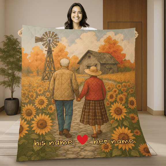 Personalized Together Forever Quilt Blanket - Custom Couple Blanket with Names - Elderly Couple Holding Hands In Sunflower Field - Fall Themed Wedding Anniversary Valentine's Day Quilt
