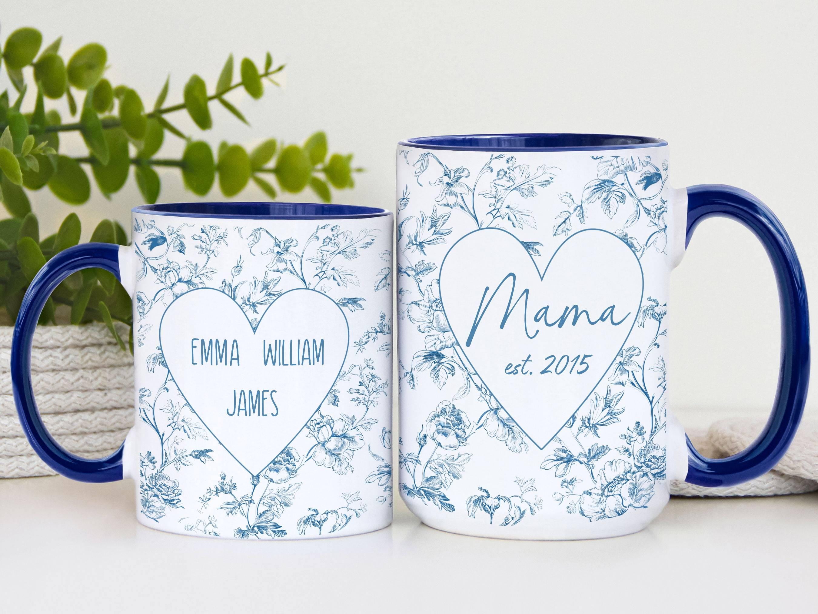 Personalized Toile Mama Mug Chinoiserie Floral Mom Coffee Cup, New Mom Gift, Mothers Day / Baby Shower / Birthday Present, Stepmom Option