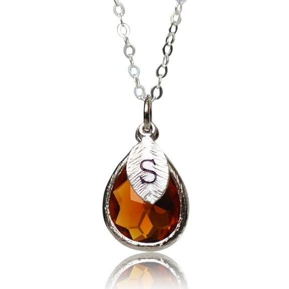 Personalized Topaz Necklace, November Birthstone Jewelry, Teardrop, Custom Initial - 16" Silver