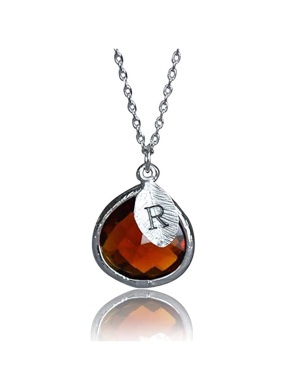 Personalized Topaz Initial R Necklace for Women, November Birthstone Leaf Pendant, 18" Silver Chain