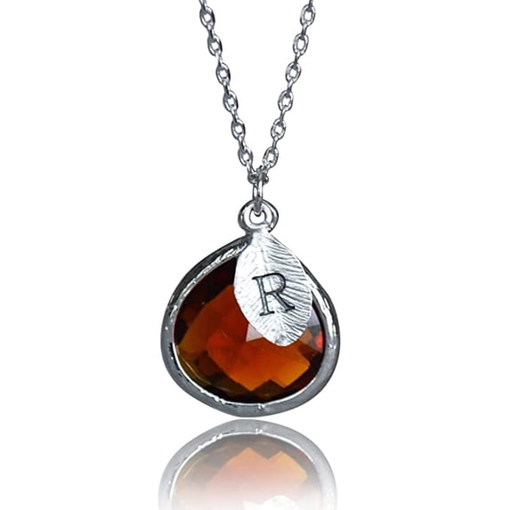Personalized Topaz Necklace, November Birthstone Necklace, Bridesmaid Necklace, Custom Initial Necklace, Gift for Her, Topaz Necklace Gift - 20" Silver Plated - Leaf Initial O