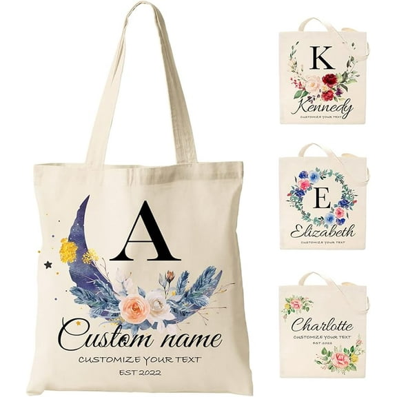 Personalized Tote Bag Canvas Tote Bag with Picture Text Customized Reusable Grocery Bag Floral Gifts Bag for Women