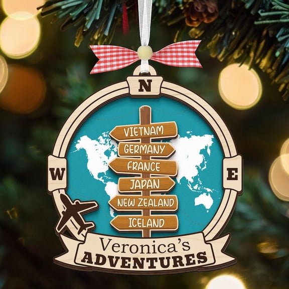 Personalized Travel Adventure Ornament, Custom Traveling Destination Ornament, Christmas Gift for Travel Lover, Couple Travel Ornament