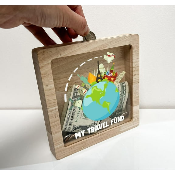 Personalized Travel The World Stand Shadow Box Travel Home Life Adventures Memory Box Gift Wooden Keepsake Savings Bank, Custom Text Travel Fund Gift Family Room Decor, Made in America!