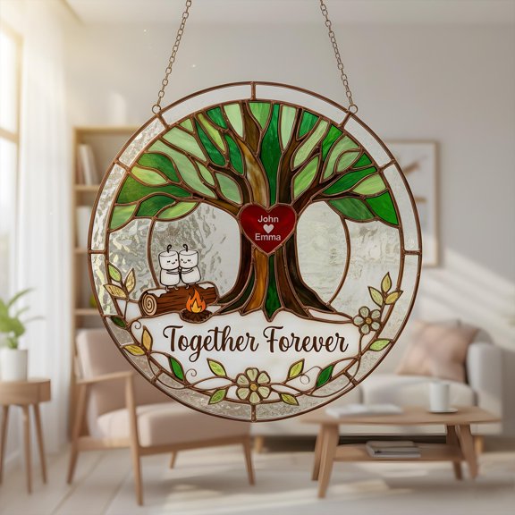 Personalized Tree of Life Stained Glass Art - Handcrafted Window Panel | Intricate Design | Custom Name Together Forever | Couple Anniversary Wedding Gift | Home Wall Window Decor