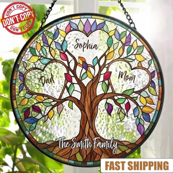 Personalized Tree Of Life Stained Glass Wall Art Panel - Handcrafted | Custom Name Design | Birth Flower Unbreakable Bond | Family Mother's Day Gift | Window & Wall Decor