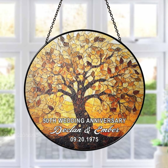 Personalized Tree of Life 50th Anniversary Gift, Golden Anniversary Glass Suncatcher, Tree of Life Window Hanging, 50th Wedding Anniversary