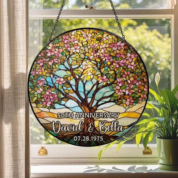 Personalized Tree of Life Anniversary Suncatcher With Name & Date, Custom 50th Wedding Anniversary Stained Glass Gift For Parents , 3.5 in