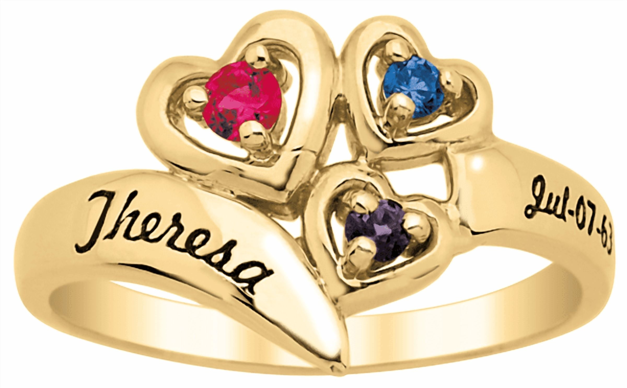 Personalized Triple Heart Ring with Optional Engraving in Gold Plated Sterling Silver by Jewlster