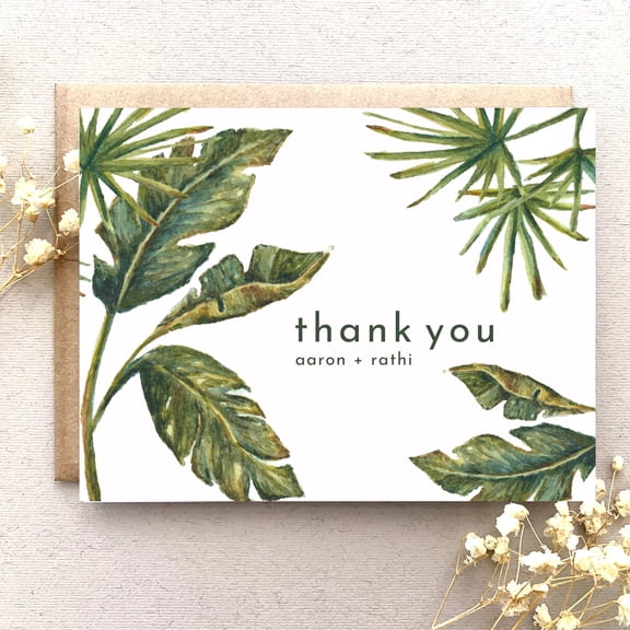 Personalized Tropical Palm Leaf Thank You Card, Custom Names Botanical Note Card, Watercolor Plant Illustration, Includes Kraft Envelope for Weddings and Events