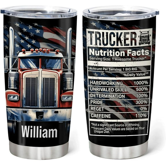Personalized Truck Driver Gifts - Trucker Printed Custom Name Stainless Steel Tumblers Coffee Travel 20oz With Lid - Truckers Appreciation Gift For Men Dad Birthday Christmas