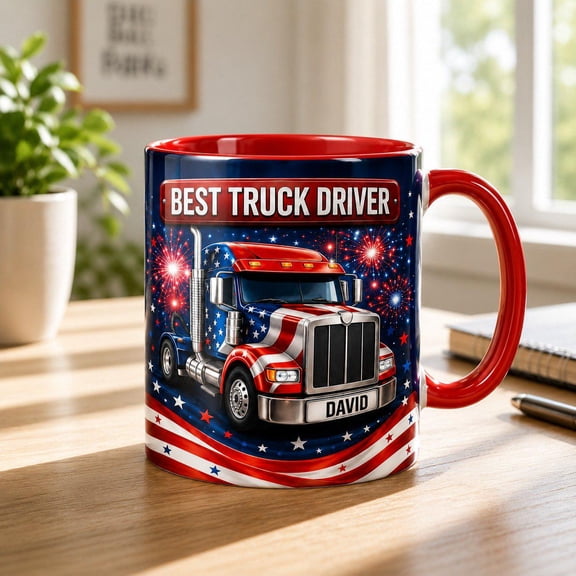 Personalized Truck Driver Mug, Custom Name Coffee Mug for Trucker Dad, Patriotic Driver Gift, Father’s Day Gift for Him