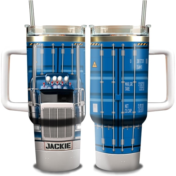 Personalized Truck Tumbler 40oz with Handle and Straw Custom Name Insulated Stainless Steel Travel Coffee Mug Driver Gifts Cool Things For Dad Men Trucker Drivers On Birthday From Wife